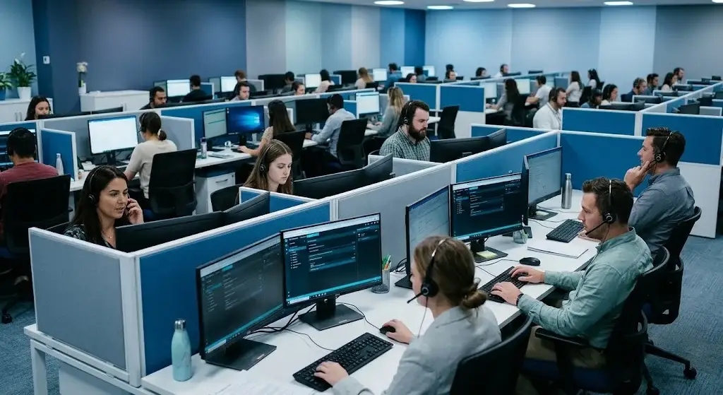 Call center floor with agents working at their stations